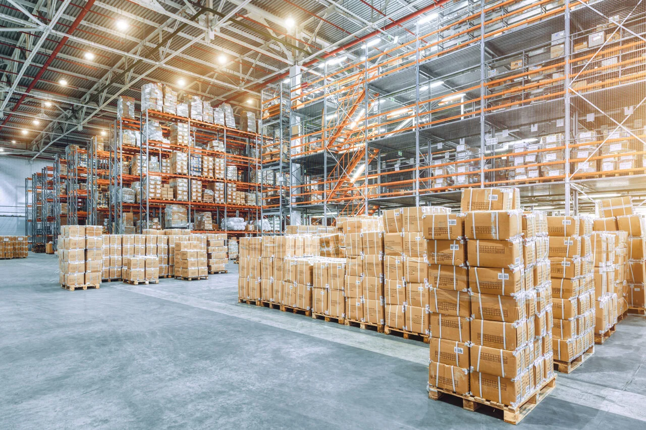Pallets and shelving in a warehouse
